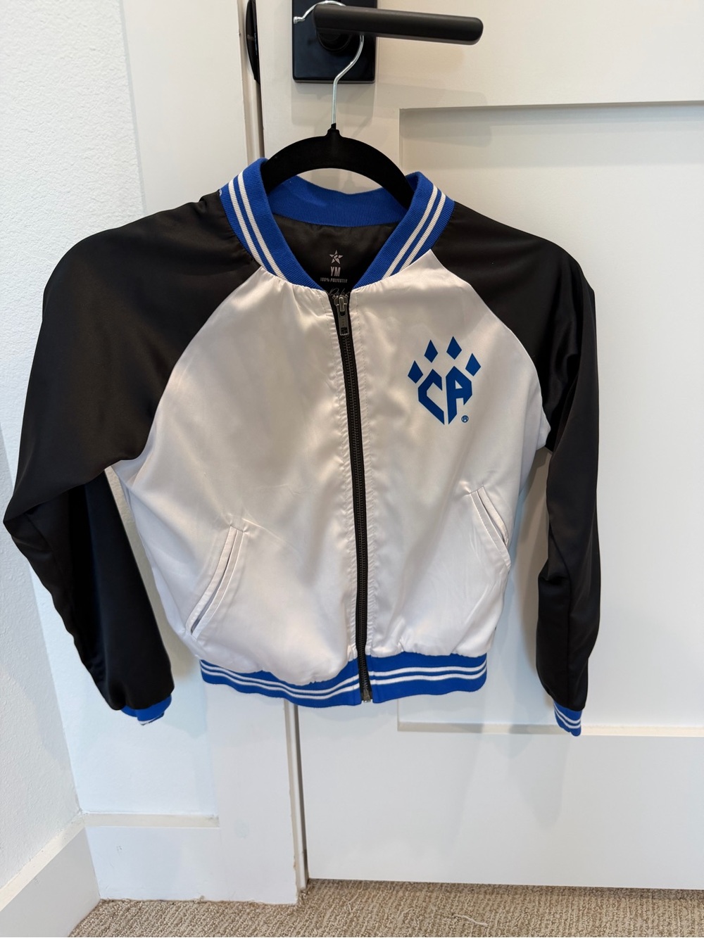 Cheer Athletics White Satin Bomber Jacket with Blue Ribbed Trim and YM Star Logo